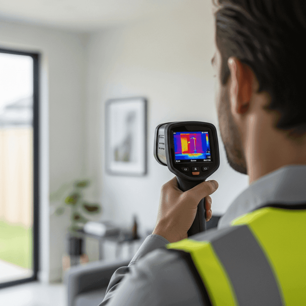 Man in high-vis vest uses thermal camera displaying heat signature inside a modern home.