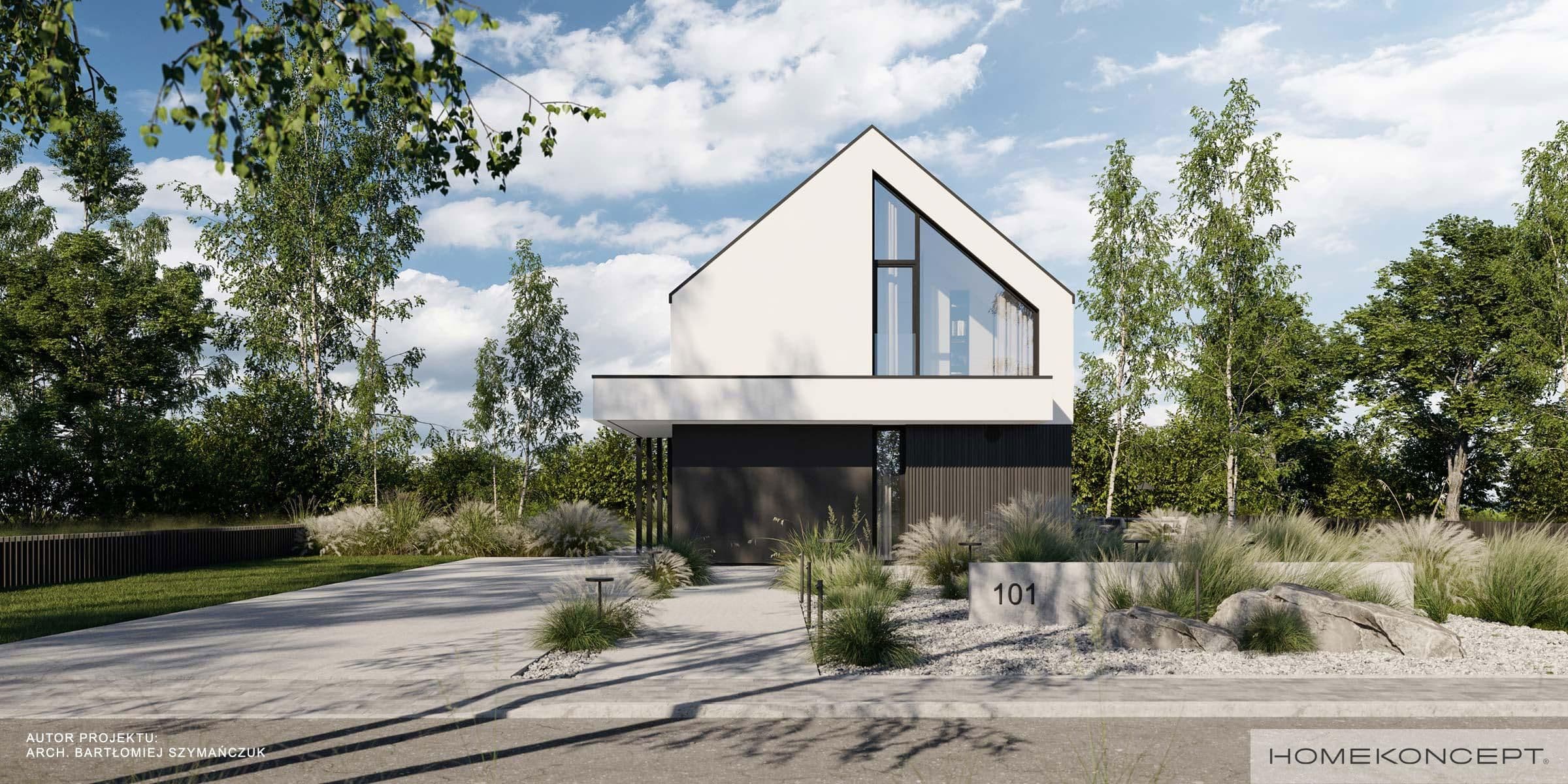 Contemporary white gabled house, large windows, dark garage, lush trees, and landscaped yard.